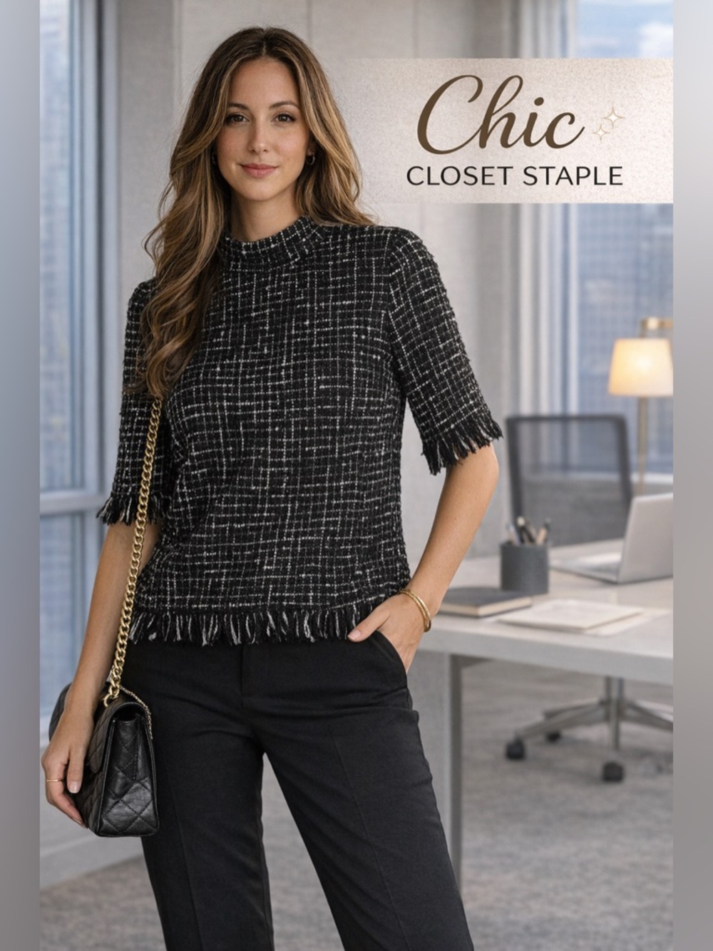 🚨ZARA Black & White Tweed Fringe Top XS | Chic Parisian Style